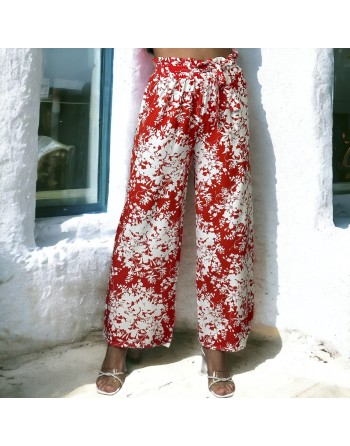 Pantalon palazzo motif fleuris rouge - 2