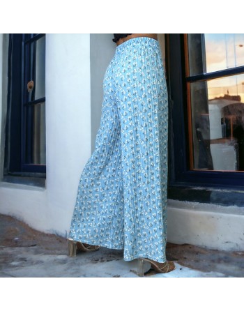 Pantalon palazzo plissé bleu à motif - 2