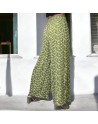 Pantalon palazzo plissé vert à motif - 1