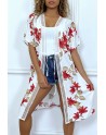 Kimono mi-long blanc ceinturé avec imprimés floraux et dentelle - 1