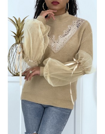 Pull col montant taupe à manches bouffantes en tulle - 4