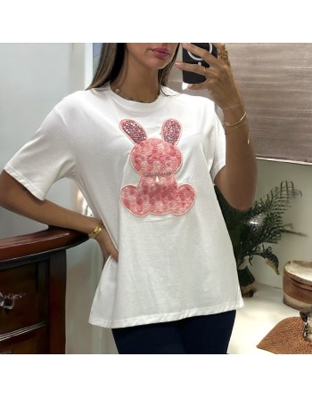 T-shirt over size blanc avec lapin en broderie et strass - 2