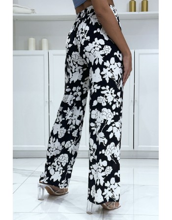 Pantalon palazzo noir et blanc en coton motif fleuris - 1