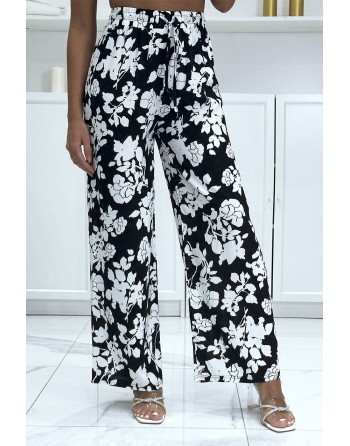 Pantalon palazzo noir et blanc en coton motif fleuris - 2