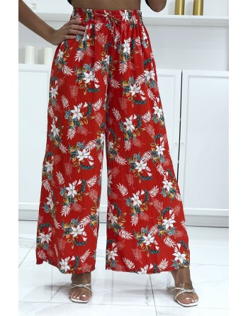 Pantalon palazzo plissé rouge avec motif fleuris - 2