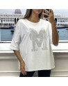 T-shirt over size blanc avec grosse écriture M en strass - 3
