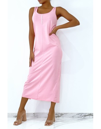 Longue robe rose fluide avec bouton sur l'avant et fente à l'arrière - 1