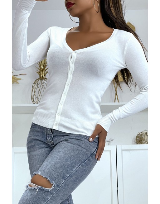 Gilet blanc en maille tricot très extensible et très doux - 5