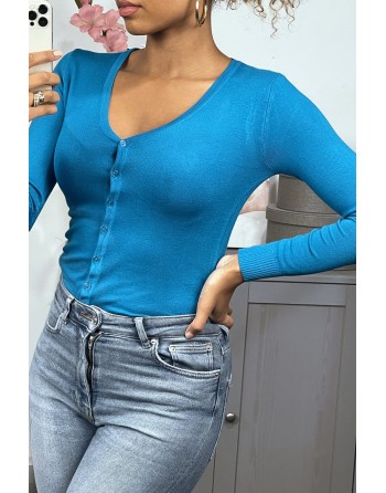 Gilet bleu en maille tricot très extensible et très doux - 1
