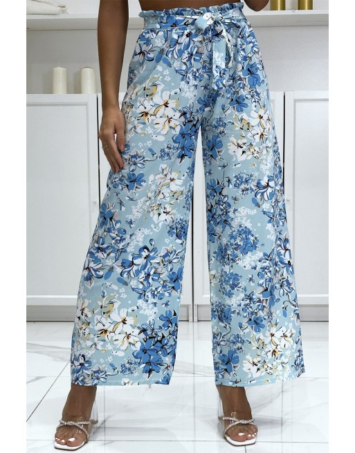 Pantalon palazzo fleuris turquoise motif fleure - 3