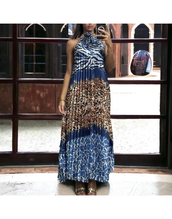 Longue robe plissé marine avec motif léopard - 3
