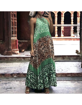 Longue robe plissé vert avec motif léopard - 2
