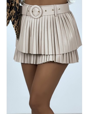 Mini jupe plissé en simili beige avec ceinture - 8