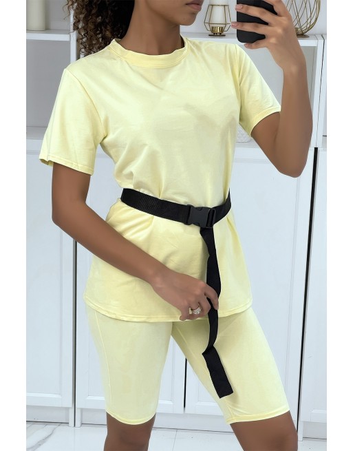 -Ensemble T-shirt et cycliste jaune avec ceinture - 2