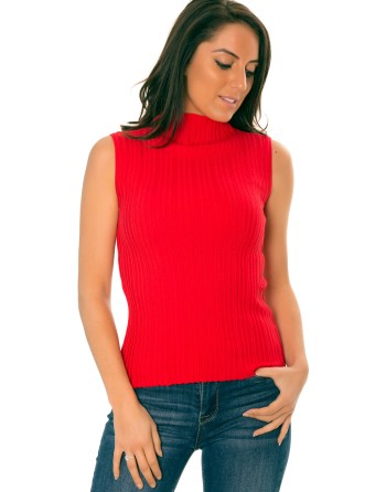 Débardeur rouge en tricot à col. F709 - 1