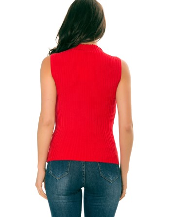 Débardeur rouge en tricot à col. F709 - 3