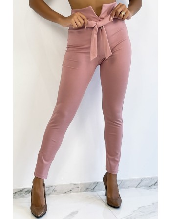 Pantalon slim rose taille haute avec ceinture et forme V - 2