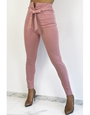 Pantalon slim rose taille haute avec ceinture et forme V - 3