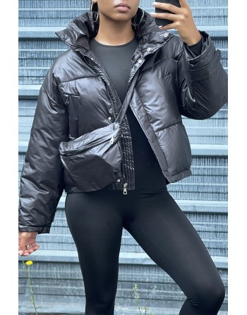 Doudoune noire ajustable à la taille avec poches et sac  - 2