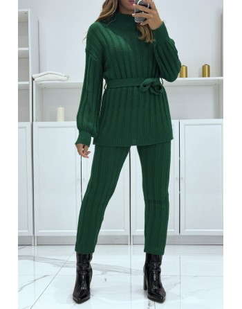 Ensemble pull col haut et pantalon vert en tricot, très chaud pour l'hiver - 4