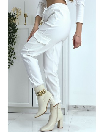 Pantalon treillis blanc en strech avec poches - 5