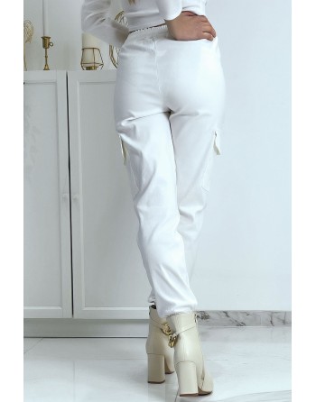 Pantalon treillis blanc en strech avec poches - 6
