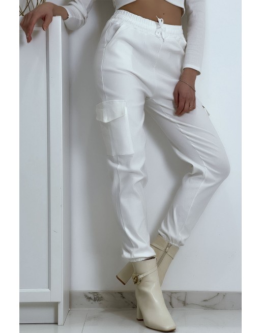 Pantalon treillis blanc en strech avec poches - 7