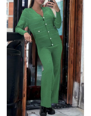 Ensemble vert gilet et pantalon palazzo en jaquard très extensible - 1