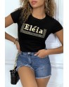 T-shirt noir manches courtes, avec écriture dorée "Eléia" et imprimés - 2