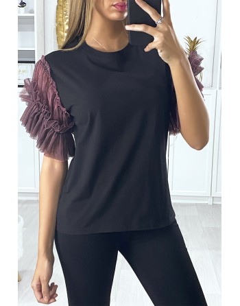 T-shirt noir avec manches en tulle lila - 2