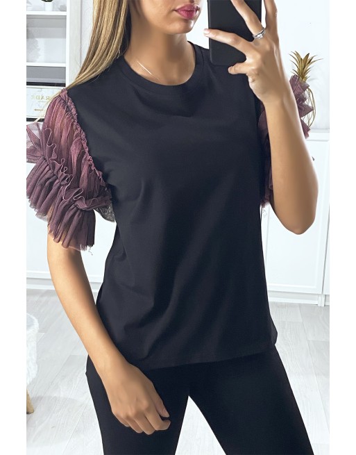 T-shirt noir avec manches en tulle lila - 4