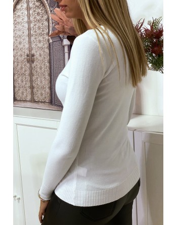 Pull blanc col V en maille tricot très extensible et très doux avec Zip doré au dos - 3