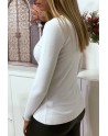 Pull blanc col V en maille tricot très extensible et très doux avec Zip doré au dos - 3