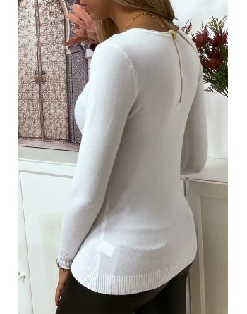 Pull blanc col V en maille tricot très extensible et très doux avec Zip doré au dos - 4