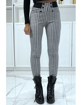 Pantalon blanc et noir motif carreaux avec poches boutons et élastique à la taille - 1