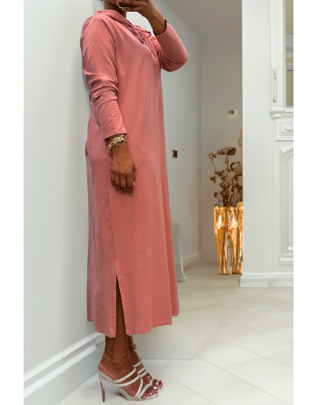 Longue robe sweat abaya rose à capuche - 3