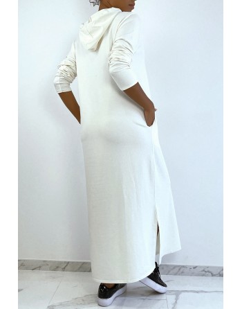 Longue robe sweat abaya blanche à capuche - 4