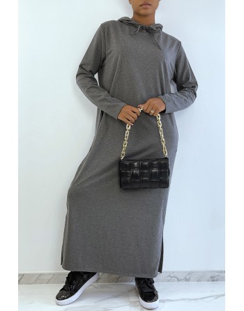 Longue robe sweat abaya anthracite à capuche - 1