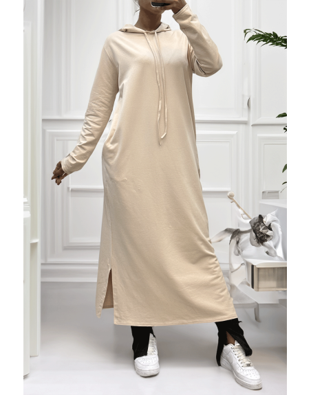 Longue robe sweat abaya beige à capuche - 1
