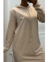 Longue robe sweat abaya beige à capuche - 4