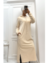 Longue robe sweat abaya beige à capuche - 5