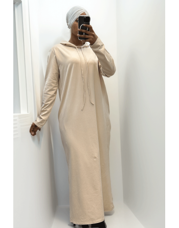Longue robe sweat abaya beige à capuche - 7