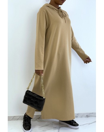 Longue robe sweat abaya camel à capuche - 1