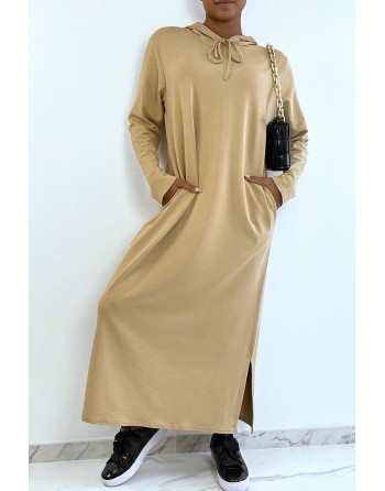 Longue robe sweat abaya camel à capuche - 3