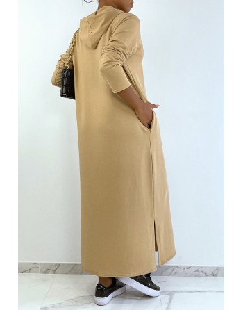 Longue robe sweat abaya camel à capuche - 7
