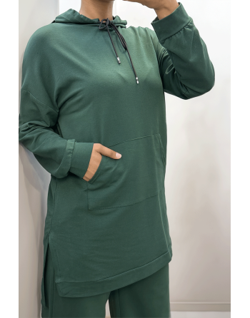 Long sweat à capuche vert avec poches en coton - 1