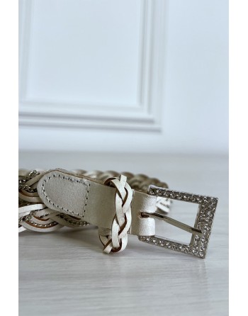 Fine ceinture beige tréssé en simili avec chêne - 5
