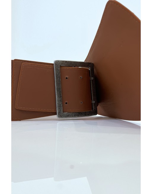 Ceinture asymétrique marron en tissus stretch et simili cuir et grosse boucle métallique - 3