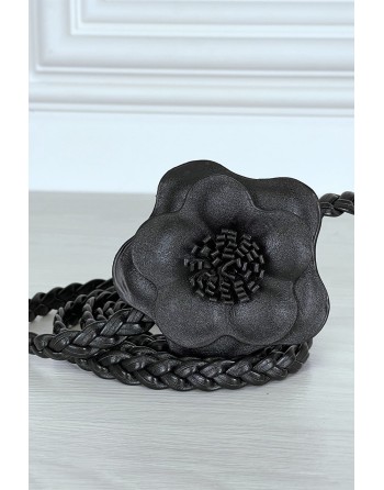 Ceinture tressée noire en simili avec fleur - 1