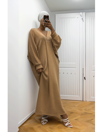 Longue robe pull over size col V Camel  - 2